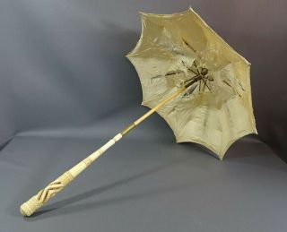 Victorian French Charageat Carved Bovine Bone Champagne Silk Umbrella Parasol