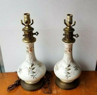 Vintage Table Lamps,  Glossy White Hand Painted Flowers Gold Pink Flowers