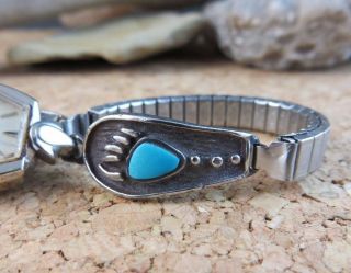 Vintage Native American Turquoise Silver Bear Paw Print Tips Band Bulova Watch