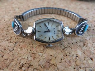 Vintage Native American Turquoise Silver Bear Paw Print Tips Band Bulova Watch 2