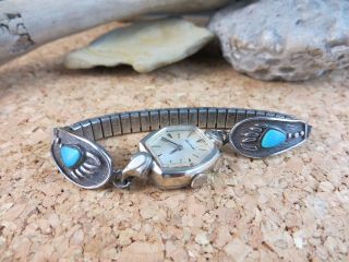 Vintage Native American Turquoise Silver Bear Paw Print Tips Band Bulova Watch 3