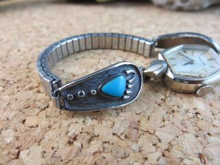 Vintage Native American Turquoise Silver Bear Paw Print Tips Band Bulova Watch 4