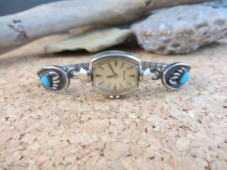 Vintage Native American Turquoise Silver Bear Paw Print Tips Band Bulova Watch 5