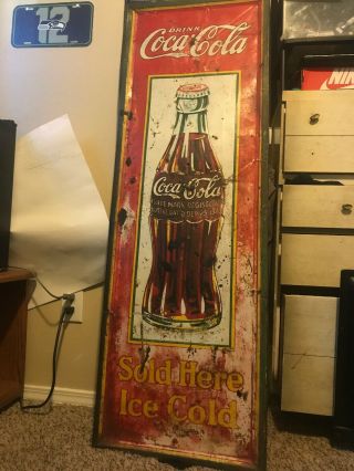 Vintage Early Rare Coca Cola Soda Pop Metal Vertical Bottle Sign Coke 54x18 Wow