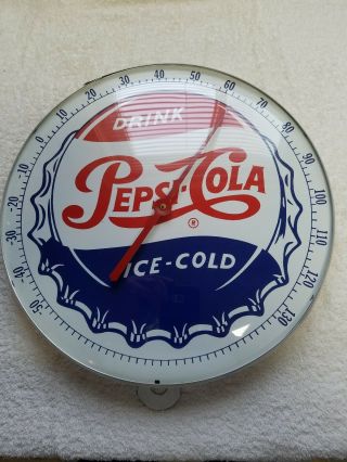 Vintage 1960s 12 Inch Pepsi Cola Metal Thermometer W/curved Glass Dial.