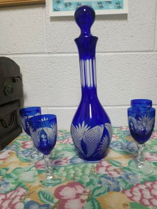 Vintage Bohemian Cobalt Blue Cut To Clear Crystal Decanter Set W/ 4 Goblets