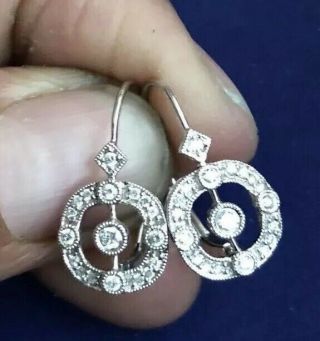 Designer Vintage Deco Style Real Diamond 14k White Gold Leverback Earrings