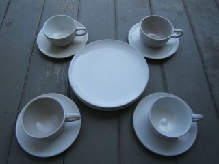 11 Pc Vintage Heath Ceramics Coupe Cups Saucers Plates White Linen Brown Rim