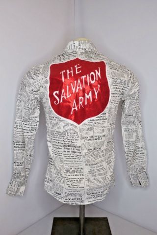 Vtg 80s The Salvation Army Newspaper All Over Print Button Up Collar Shirt Sz S