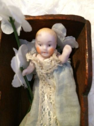 Antique German Miniature Bisque Baby Doll House Doll.  Jointed Clothes