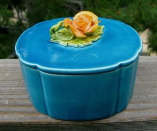 Vintage Robertson Of Hollywood Covered Box With Orange Rose Persian Blue