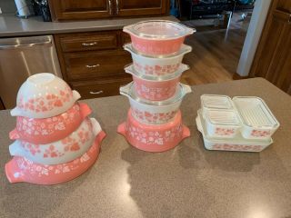 Htf Entire Line Of Pyrex Pink/white Gooseberry Vintage Bakeware W/lids