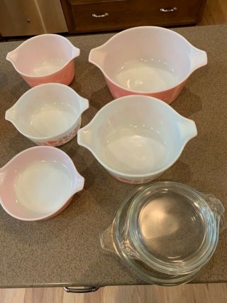 HTF entire line of Pyrex pink/white gooseberry vintage bakeware w/lids 4