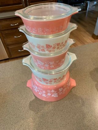 HTF entire line of Pyrex pink/white gooseberry vintage bakeware w/lids 6