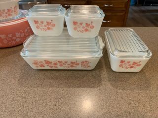 HTF entire line of Pyrex pink/white gooseberry vintage bakeware w/lids 7