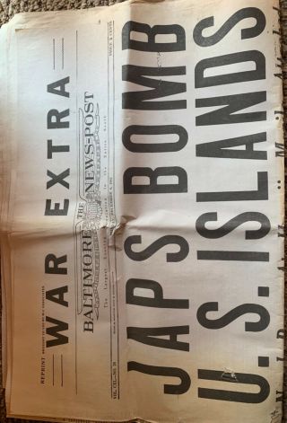 Vintage Ww2 Newspaper “the Baltimore Newspost December 8,  1941”