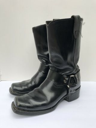 Vtg Bad Ass Motorcycle Square Toe Silver Ring Harness Biker Moto Boots 9.  5