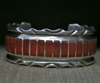 Heavy Vintage Native American Zuni Coral Sterling Silver Cuff Bracelet