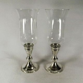 Vintage Pair Sterling Silver Candle Holders Sticks & Etched Glass Globes Poole