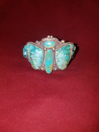 Vintage Navajo Turquoise Butterfly Sterling Silver Cuff By Jeanette Dale 94.  4g