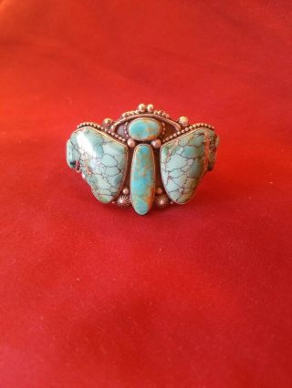 Vintage Navajo Turquoise butterfly Sterling Silver Cuff by Jeanette Dale 94.  4g 2