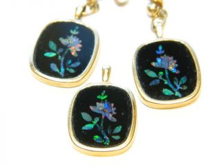 14k Gold Opal Inlay Mosaic Onyx Flower Design Pendant Earrings