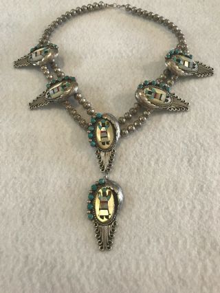 Vintage Zuni Sterling Katchina Inlay Turquoise Squash Blossom Necklace