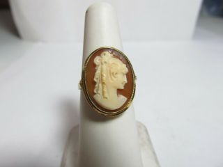 Vintage 18k Solid Gold Ring With Cameo Of A Pretty Lady W/ Long Ringlets