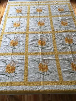 Vintage Hand Stitched Quilted Embroidered Flower Applique Yellow Quilt - 86 " X71 "