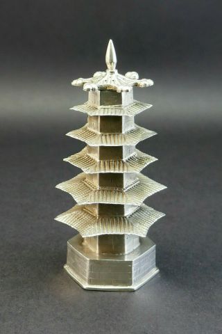 Antique Chinese Export Solid Silver 6 Tier Pagoda Model Pepperette Pepper Shaker