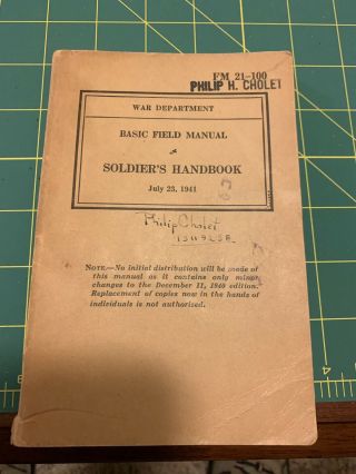 Rare Vintage Restricted Ww2 Soldiers Handbook Fm 21 - 100 July 23rd 1941 War Dept.