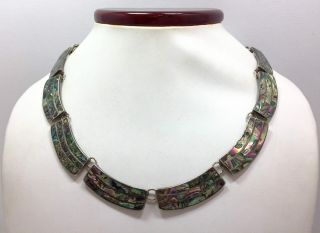 Vintage Abalone Matrix Inlay Panel Chain Necklace Taxco L.  S 16 1/2 In Sterlin.