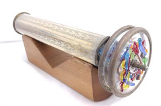 2 Wheeled,  Vintage Brass And Colored Glass Kaleidoscope With Wood Stand