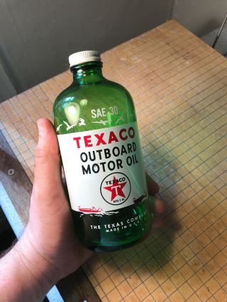 Near 1954 Vintage Texaco Outboard Motor Oil Old 1 Pint Glass Bottle