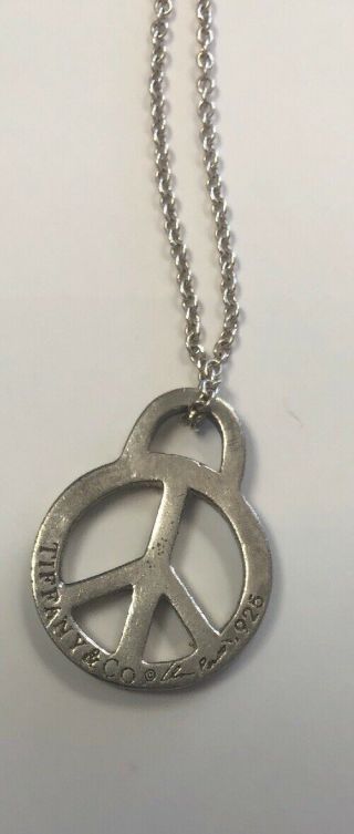 Vintage,  Tiffany Sterling Silver Peace Sign Pendent With 16” Sterling Chain