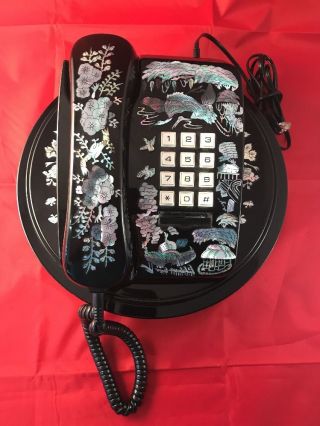 Vintage Telephone Korean Mother Of Pearl Inlay With Stand Push Button