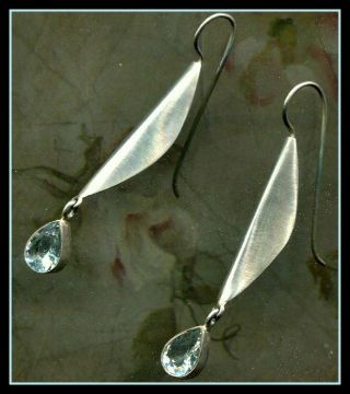 Vintage Aquamarine Gemstone Sterling Silver Big Hook Earrings -