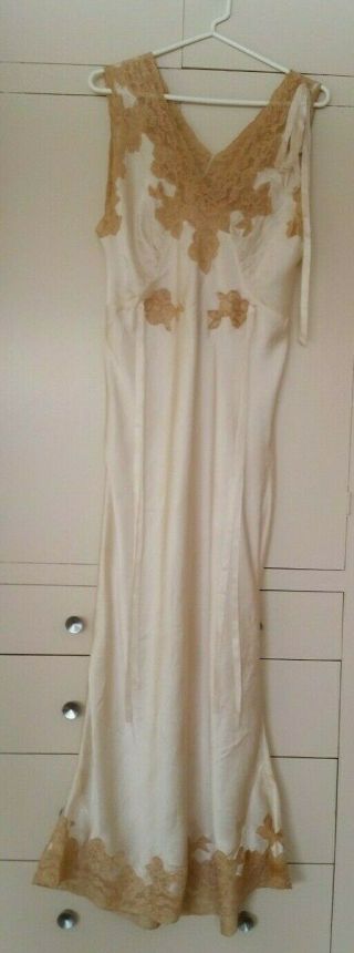 1920s Art Deco Sleeveless Nightgown Long Ivory Silk Beige Lace Ribbons Lingerie