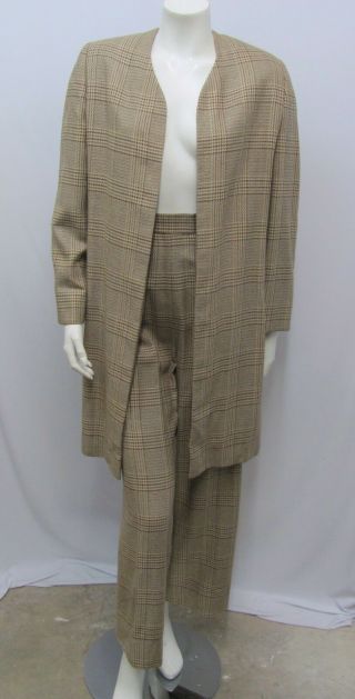 Vintage Bill Blass Suit Set Jacket Pants Plaid Brown Open Style Jacket Size 14