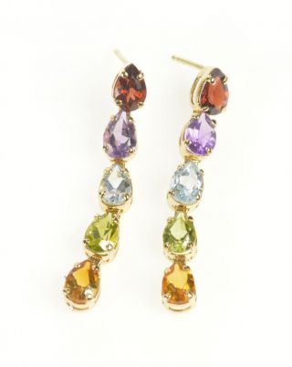 14k Pear Rainbow Gemstone Dangle Chain Earrings Yellow Gold 92