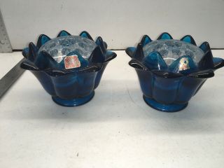 Vintage Viking Blue Glass Flower Candle Pen Holder Set Of 2 Hand Made Dish Deco