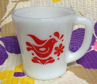 Vintage Fire King Milk Glass Mug Red Dove Bird Friendship Pattern Nr