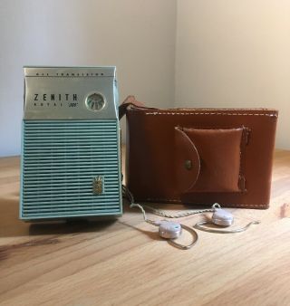 Vintage Green Zenith Royal 300 Tubeless Transistor Radio W/ Case & Headphones