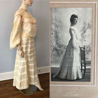 Antique Victorian Wedding Dress Photo Dated 1903 Beige Silk Jacket Skirt Set