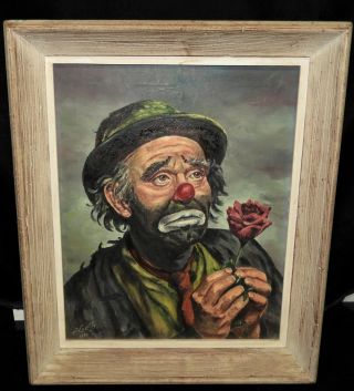 Vintage Emmett Kelly Clown Oil Painting On Canvas Signed Alcetty 1959 Circus Art