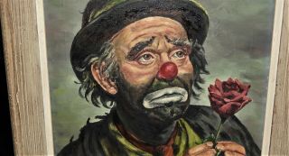 Vintage Emmett Kelly Clown Oil Painting On Canvas Signed Alcetty 1959 Circus Art 4