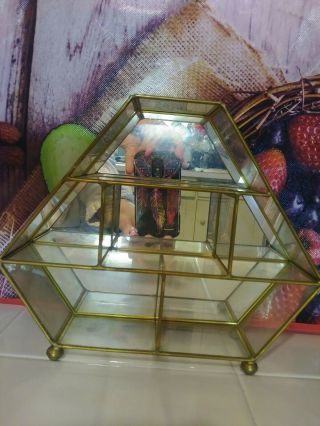 2 Matching Vintage Brass Glass Curio Display Cabinet Case Unusual Shape