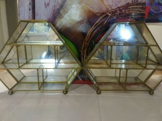 2 Matching VINTAGE BRASS GLASS CURIO DISPLAY CABINET CASE Unusual Shape 2