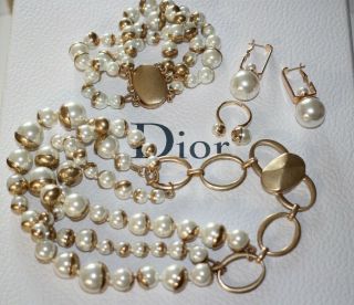 Christian Dior Cd Rare 4 Piece Pearl Necklace Earrings Bracelet & Ring Set W/box
