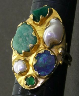 Vintage 14k Gold Rough Cut Emerald Pearl & Opal Abstract Cocktail Ring Size 8.  5